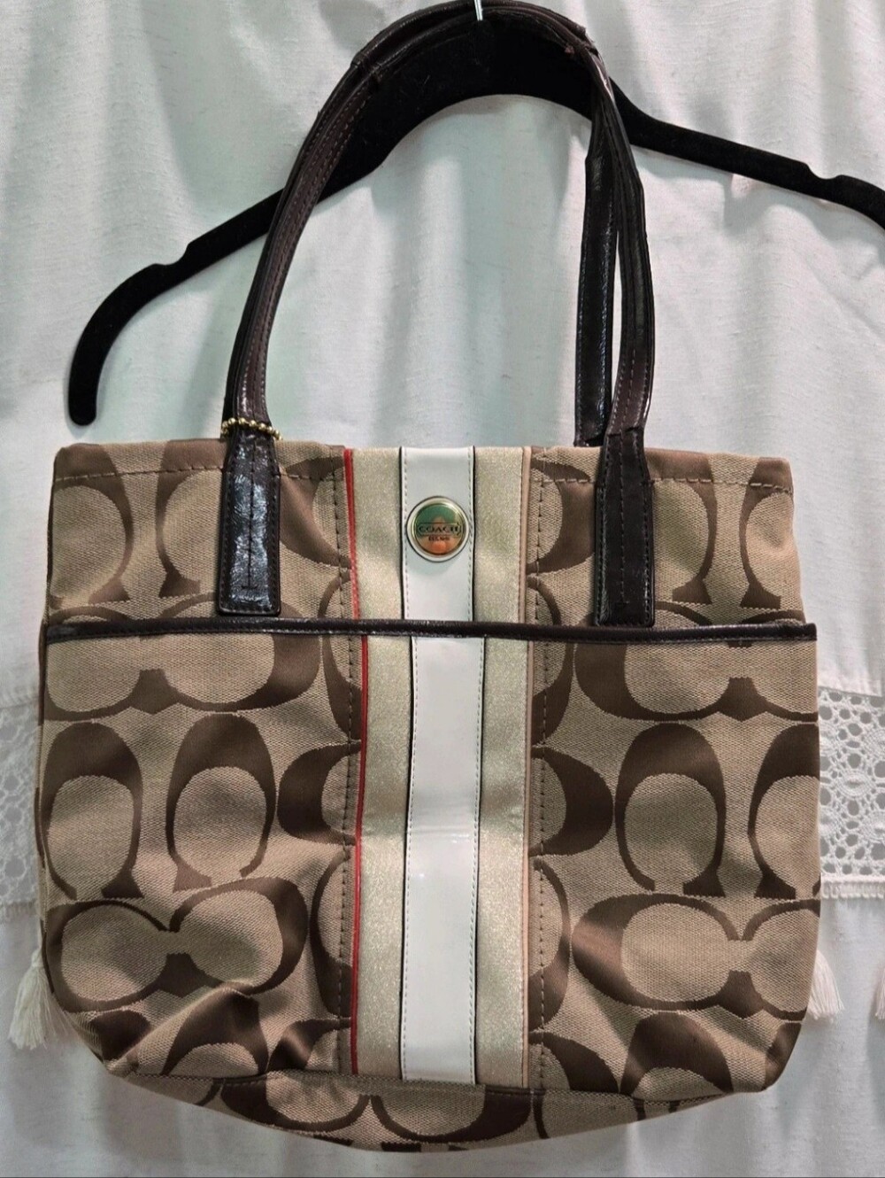 Coach Beige Signature Canvas Tote with Brown Leather Trim